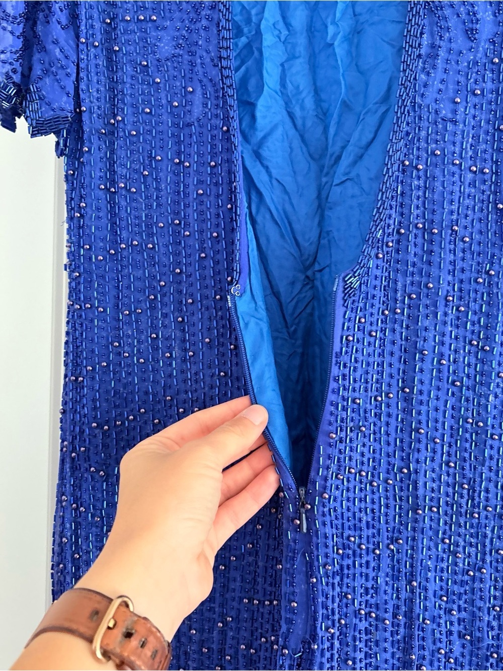 Vintage 80s Scala Paris Blue Beaded Sequin Silk Dress Medium Cocktail Party 90s - Picture 7 of 11